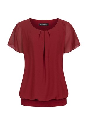 Blusa roja con mangas cortas transparentes, frente plisado y dobladillo fruncido. Hecha de tela ligera, ideal para llevar en capas.