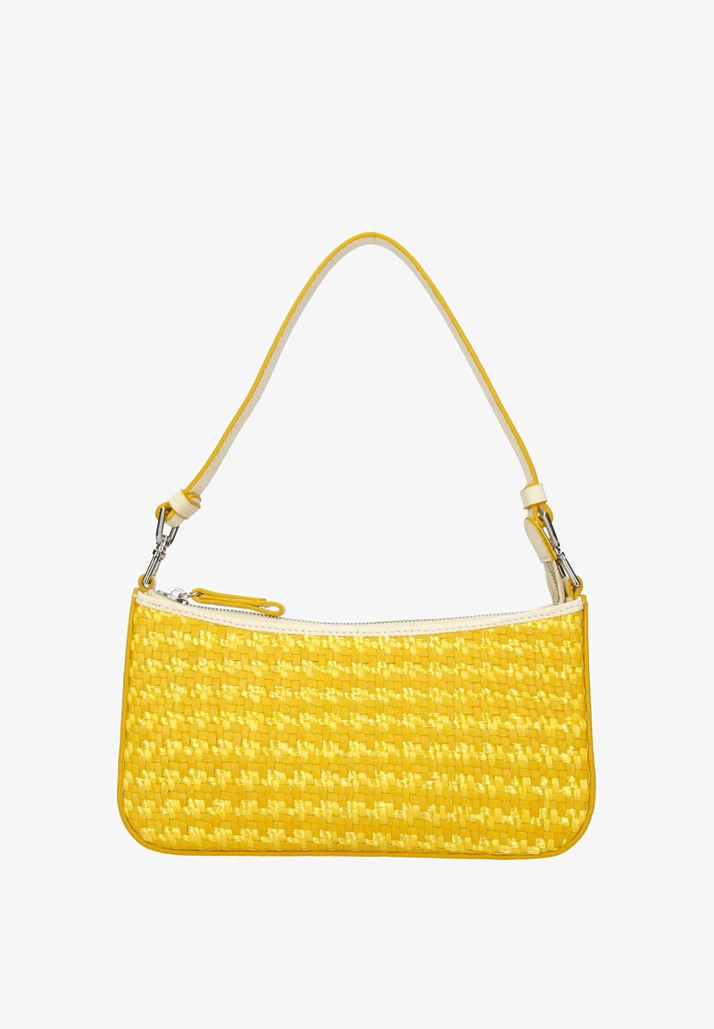 Gul vævet håndtaske med en glat overflade, der har en kontrasterende hvid lynlås, en aftagelig rem og en rektangulær form.