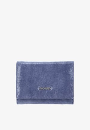 Portefeuille en cuir violet clair, présentant une surface texturée avec un design à rabat. Logo argenté bien visible à l'avant.