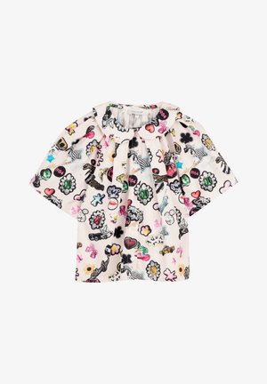 Λευκό κοντομάνικο μπλούζα με υπερμεγέθη γιακά Peter Pan και πολύχρωμα, παιχνιδιάρικα σχέδια τύπου κολάζ που περιλαμβάνουν καρδιές, πολύτιμους λίθους, φιόγκους και κείμενο.