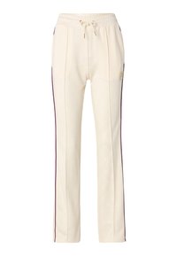 Crème kleurige jogger broek met een subtiel logopatroon, voorzien van paarse zijstrepen en een elastische tailleband met trekkoorden.