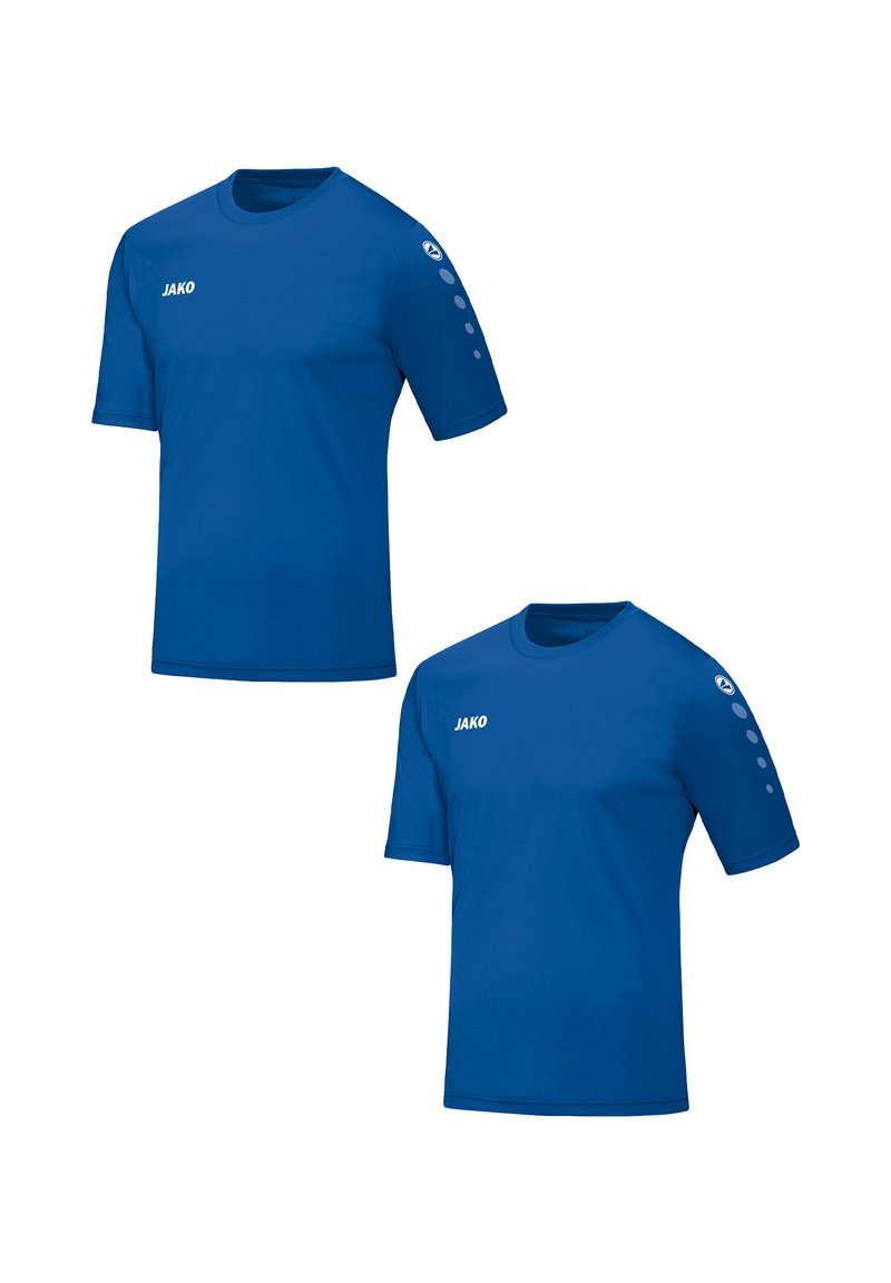 Blue athletic t-shirts, short sleeves, round neck, with JAKO logo on chest and dotted design on shoulders. Made from smooth fabric.