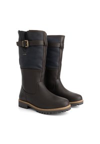 Een paar donkerbruine leren kuitlange laarzen met een zwarte leren bovenkant, verstelbare zijsluiting en robuuste rubberen zolen.