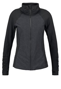 Veste noire zippée intégrale avec col montant, panneau avant à motif, manches longues et trous pour les pouces aux poignets.
