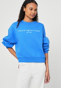 Modrá mikina vyrobená z jemnej bavlnenej zmesi; obsahuje rebrované manžety a spodný lem, s bielym logom 'Tommy Hilfiger EST. 1985' cez hruď.