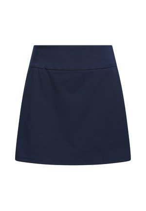 Merensininen A-linjainen hame, jossa on leveä vyötärönauha, sileä kangas ja polvenmittainen helma.