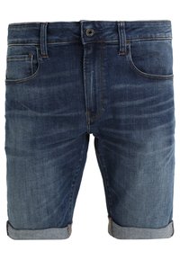 Denim shorts in dark blue, featuring a classic five-pocket design, rolled hem, and subtle fading for texture and visual interest.