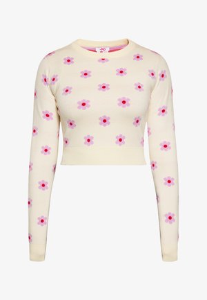 Pulover scurt de culoare crem, cu mâneci lungi, având un model floral în nuanțe de roz și roșu. Materialul prezintă o textură moale, tricotată.