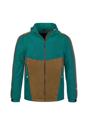 Herrenjacke in Teal und Braun, mit Reißverschluss vorne, Kapuze, zwei Seitentaschen und kontrastierenden Textilpaneelen mit grauen Akzenten.