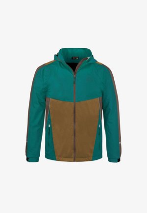 Herrenjacke in Teal und Braun, mit Reißverschluss vorne, Kapuze, zwei Seitentaschen und kontrastierenden Textilpaneelen mit grauen Akzenten.