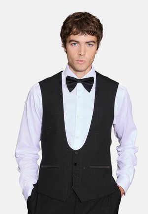 Young man with brown hair wearing a white shirt, black bow tie, and black vest, looking straight with hands in pockets.
