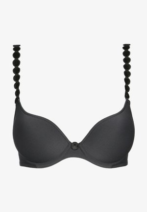 Czarny usztywniany biustonosz z regulowanymi ramiączkami, ozdobiony okrągłymi, teksturowanymi akcentami; gładka tkanina o subtelnym połysku i centralnym dekoracyjnym guzikiem.