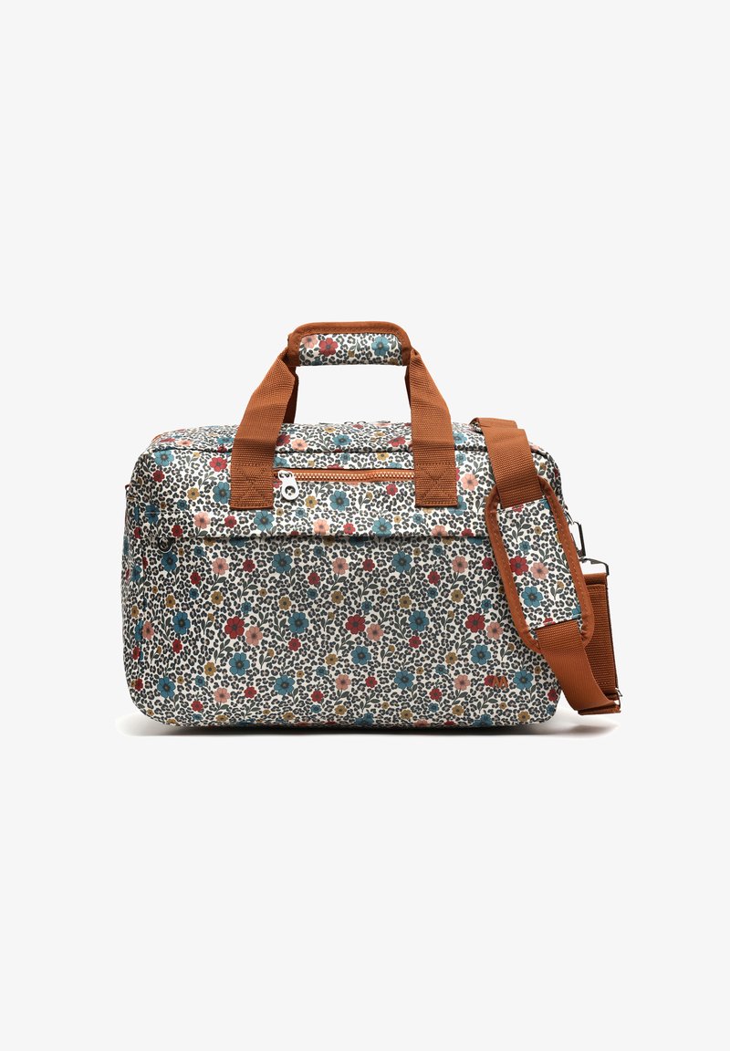 Rectangular floral-patterned duffel bag with blue, red, and pink flowers, brown handles, and adjustable shoulder strap on white background.