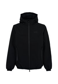 Giacca nera impermeabile con cappuccio, chiusura a zip frontale e due tasche laterali con zip. Tessuto morbido con polsini e orlo elasticizzati per una vestibilità aderente.