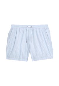 Blauwe en witte gestreepte zwembroek met een elastische tailleband, trekkoordsluiting en twee zijzakken. Lichtgewicht stof, casual ontwerp.
