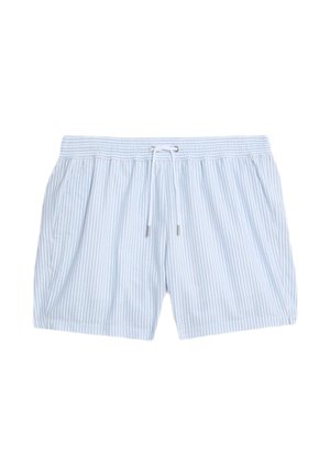 Blaue und weiße gestreifte Badeshorts mit elastischem Bund, Kordelzug und zwei seitlichen Taschen. Leichte Stoffqualität, lässiges Design.