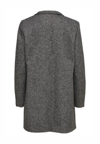 Cappotto in misto lana grigio con collo sagomato, maniche lunghe e una finitura leggermente testurizzata. La vista posteriore mostra dettagli minimi e assenza di chiusure.