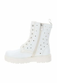 Botas blancas hasta el tobillo con un acabado suave, con cremallera lateral, detalles perforados y suela gruesa para mayor soporte.