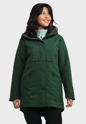 Green waterproof parka with a zippered hood, two front pockets, and a layered design. Features a smooth texture and adjustable cuffs.