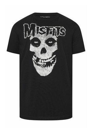 Schwarzes T-Shirt mit weißem "Misfits"-Schriftzug und großem, abgenutztem Totenkopf-Design mittig auf der Vorderseite.