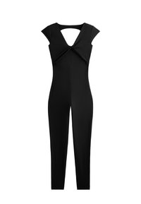 Schwarzer Jumpsuit mit kurzen, angeschnittenen Ärmeln, der ein gedrehtes Vorderdesign und einen offenen Rücken aufweist. Hergestellt aus glattem, elastischem Stoff; figurbetonte Silhouette.