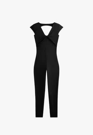 Crni kombinezon s kratkim kap sleeves, s preokrenutim prednjim dizajnom i otvorenim leđima. Izrađen od glatkog, rastezljivog materijala; oblikovani silueta.