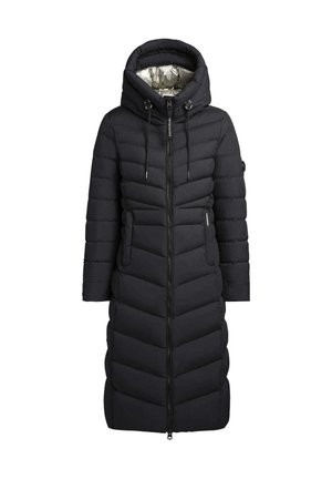 Svart vadderad vinterjacka med huva, med chevron-quilting, dragkedja framtill, dubbla sidfickor och en glänsande silvrig foder.