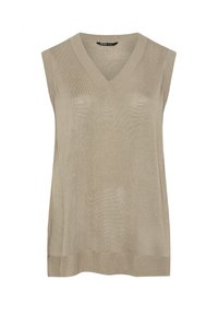 Beige ärmlös stickad topp med V-ringning, ribbad textur och en lös passform. Har rena linjer och inga utsmyckningar.