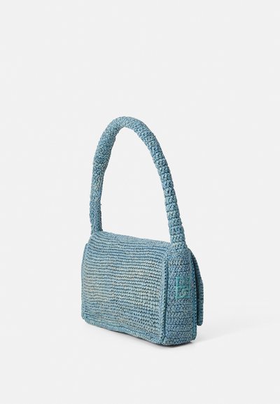 Blue woven handbag with a textured finish, rectangular shape, and a braided handle; features a small embossed logo on one side.