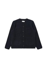 Cardigan in misto lana blu navy con scollo a V, chiusura frontale con bottoni e due ampie tasche a soffietto. Tessuto morbido, maniche lunghe e vestibilità comoda.