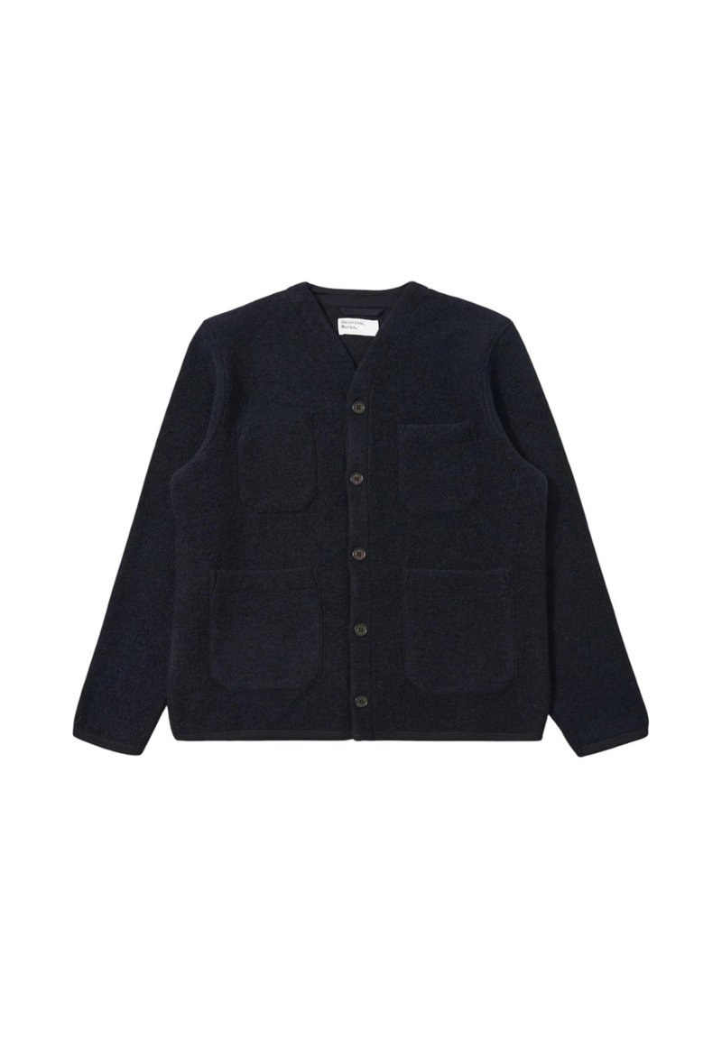 Cardigan in misto lana blu navy con scollo a V, chiusura frontale con bottoni e due ampie tasche a soffietto. Tessuto morbido, maniche lunghe e vestibilità comoda.