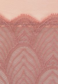 Spitzenstoff in sanftem Rosa mit gewelltem Rand, der ein zartes Blättermuster und detaillierte Verzierungen am oberen Rand aufweist. Glatter Satin-Hintergrund.
