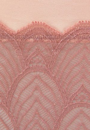 Lace fabric in soft pink with a scalloped edge, featuring a delicate leaf pattern and intricate detailing along the top border. Smooth satin background.
