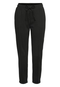 Czarnie paskowane spodnie wykonane z miękkiego materiału, z elastycznym paskiem w talii i zwężającymi się nogawkami. Nie ma widocznych kieszeni.