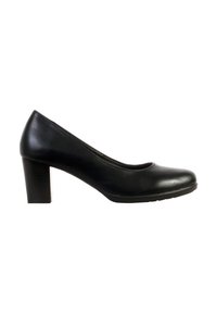 Escarpin noir en cuir pour femme à talon bas, bout arrondi et talon bloc, montré en profil sur fond blanc.