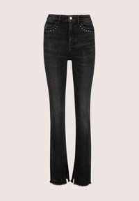 Hoge taille zwarte denim jeans met vooruitsnijdingen, rafelige zoom en metallic studs bij de zakken, met een klassieke vijf-zakken ontwerp.