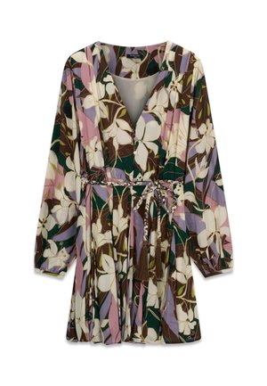 Robe à manches longues à motifs floraux rose, vert et marron, col en V, ceinture tressée avec pompons à la taille.