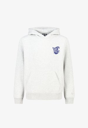 Grauer Hoodie mit Kängurutasche, versehen mit einem blauen "RAMEN CLUB"-Grafik und einer Schüssel mit Nudeln. Hergestellt aus weichem, strukturiertem Stoff.