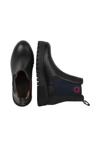 Stivali alla caviglia in pelle nera con pannelli laterali elasticizzati blu, suola in gomma texturizzata e dettaglio a forma di cuore rosso sul tallone. Finitura liscia e design resistente.