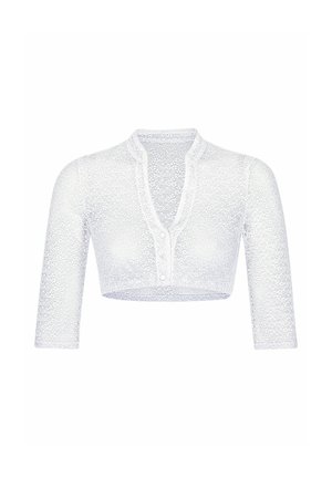 Weiße Spitzen-Cropped-Bluse mit Dreiviertelärmeln, V-Ausschnitt und Knöpfen vorne.