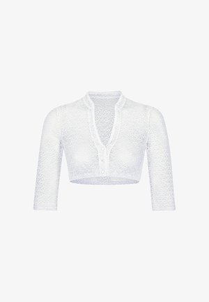 Weiße Spitzen-Cropped-Bluse mit Dreiviertelärmeln, V-Ausschnitt und Knöpfen vorne.