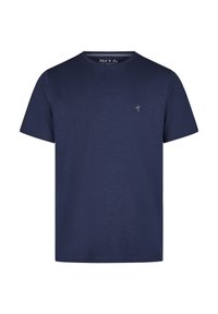 Marineblauwe T-shirt met korte mouwen van zachte katoen, met een ronde hals en een klein wit palmenlogo op de linker borst.