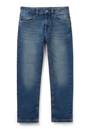 Jean en denim bleu avec poches avant et arrière, fermeture par bouton et fermeture éclair, et détails légèrement décolorés sur les cuisses et les genoux.