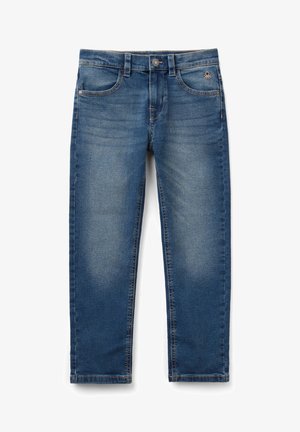 Jean en denim bleu avec poches avant et arrière, fermeture par bouton et fermeture éclair, et détails légèrement décolorés sur les cuisses et les genoux.