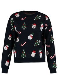 Granatowy sweter z białymi bałwankami, zielonymi choinkami i czerwonymi laski cukrowe w świątecznym wzorze. Mankiety i dół z prążkowanego materiału. Dzianina o wyraźnej teksturze.