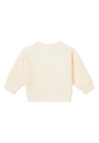 Cremfarbener gesteppter Pullover mit Rippenkragen und -bündchen. Verfügt über eine kastige Form und ein strukturiertes Muster auf dem Stoff.