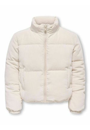 Veste matelassée couleur crème avec col montant, fermeture éclair à l'avant, manches longues et poches latérales, présentée sur fond blanc.