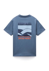 Blue short-sleeve t-shirt with a round neck, featuring a graphic design of waves and "NAPAPURI" text in dark and light blue, with orange accents.