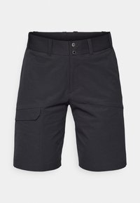 Czarne szorty z lekkiego materiału, z płaskim pasem, dwiema przednimi kieszeniami, kieszonką cargo z boku oraz dopasowanym krojem.