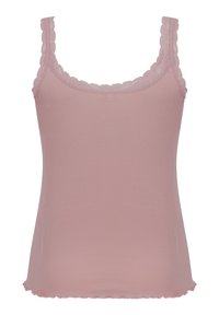 Débardeur rose côtelé avec une bordure en dentelle festonnée le long de l'encolure et des bretelles, présentant une texture douce et un ourlet droit.